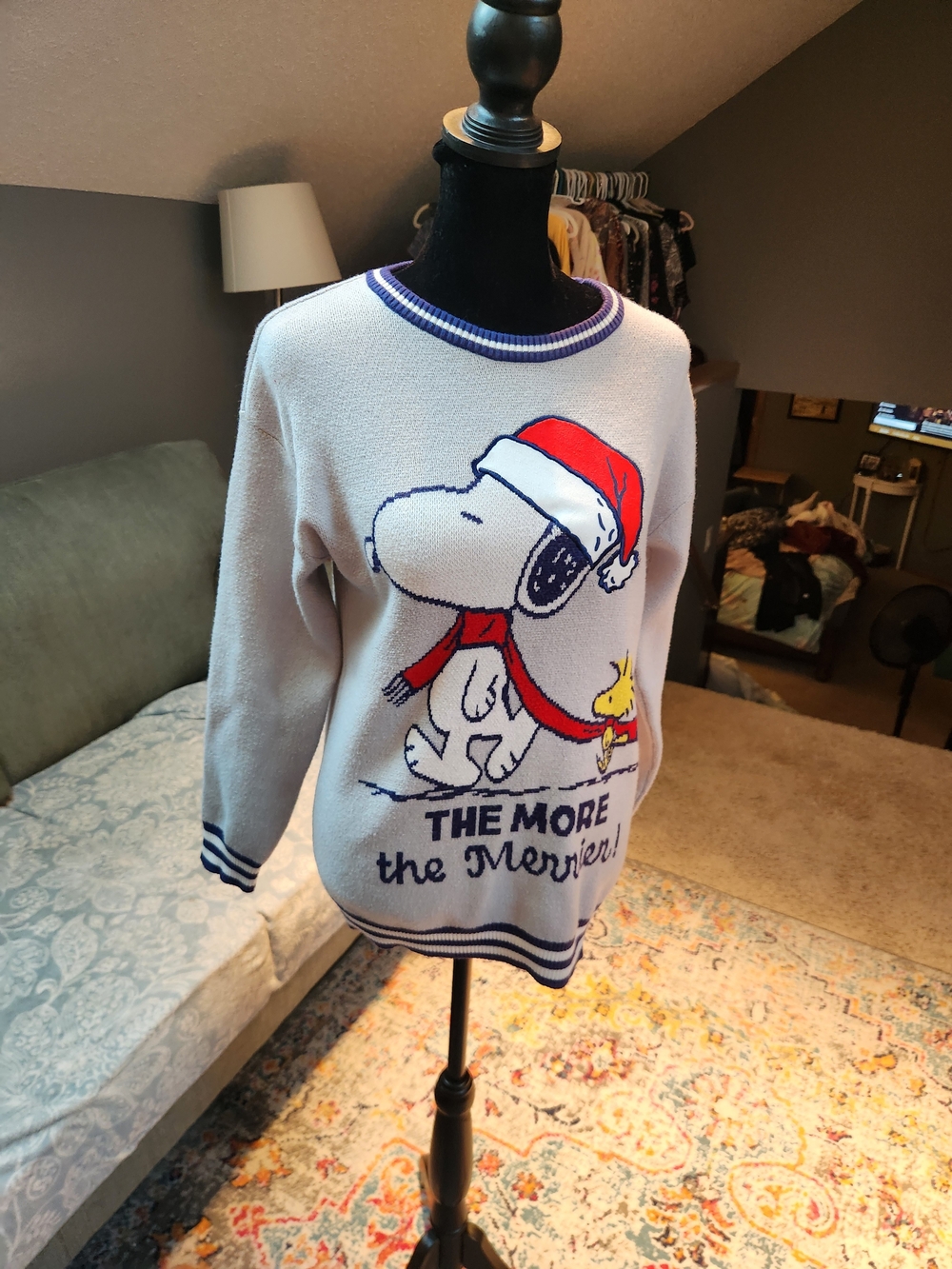 Peanuts Snoopy & Woodstock Sweater with Red and Navy Holiday Graphic Large - Picture 3 of 5